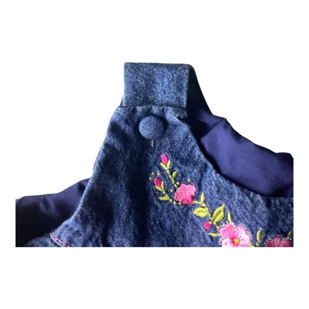 Vintage Y2K Blue Denim Jean Jumper Dress Embroidered Flowers 18M Sleeveless - Picture 3 of 6
